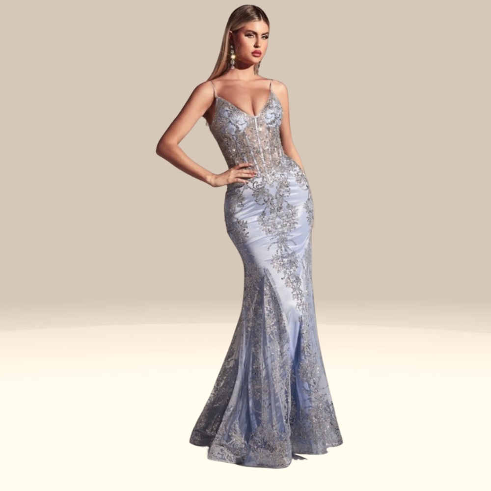 fitted floral glitter print corset gown
